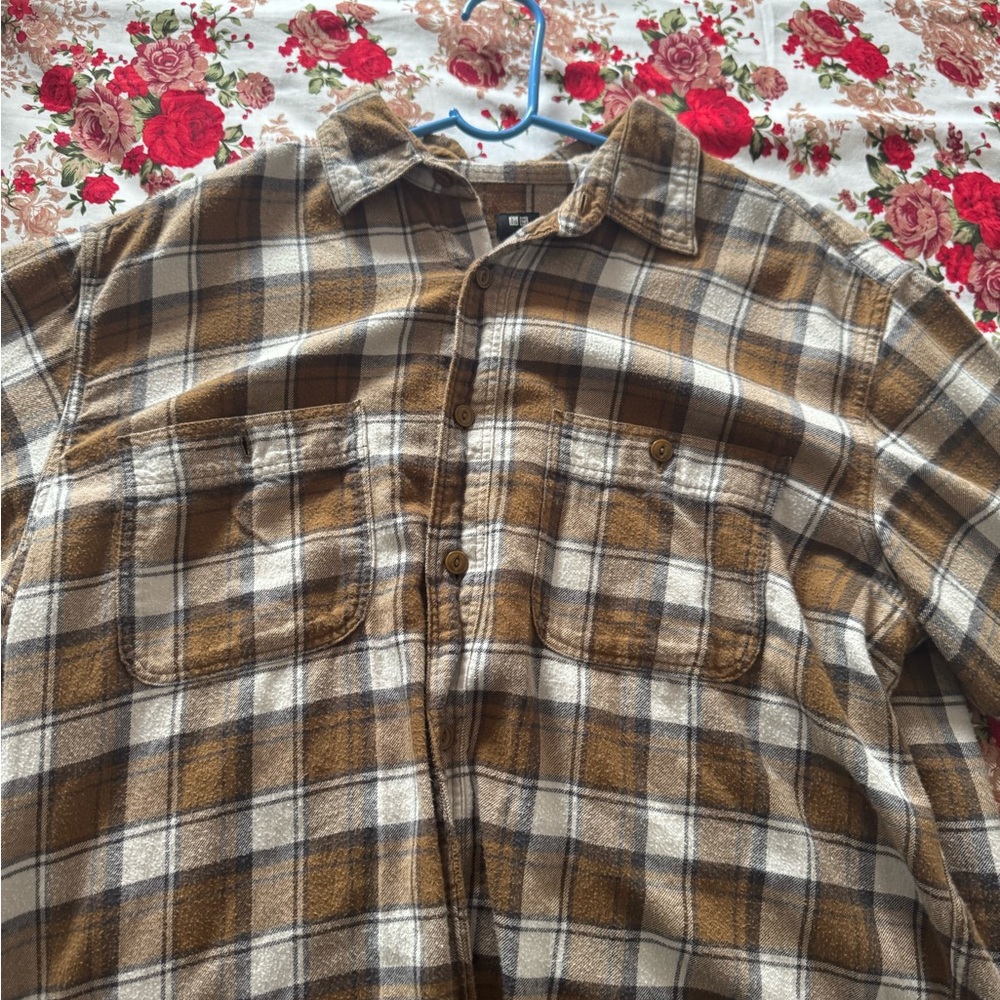 Uniqlo Brown and White Casual Button Down Shirt